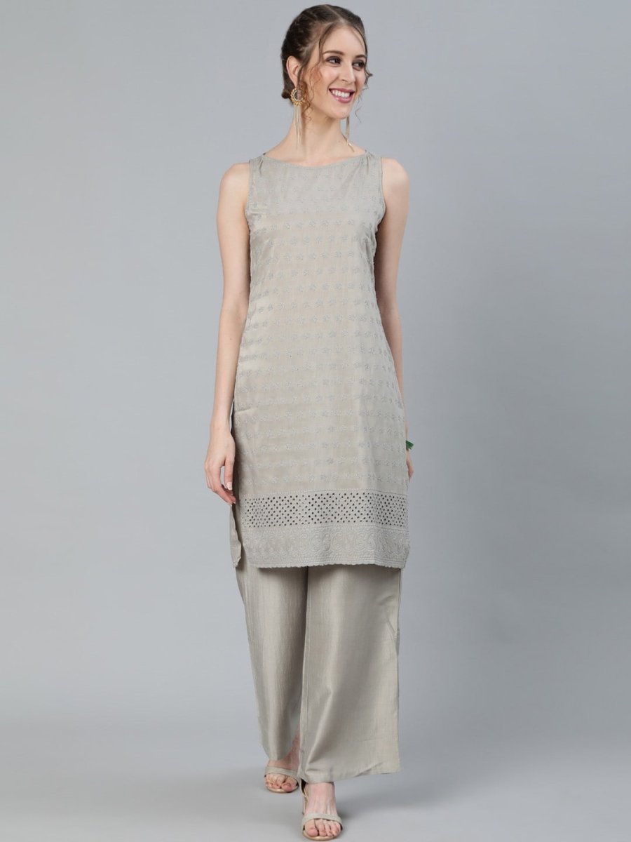 Aks Floral Embroidered Thread Work Sleeveless Kurta With Palazzos