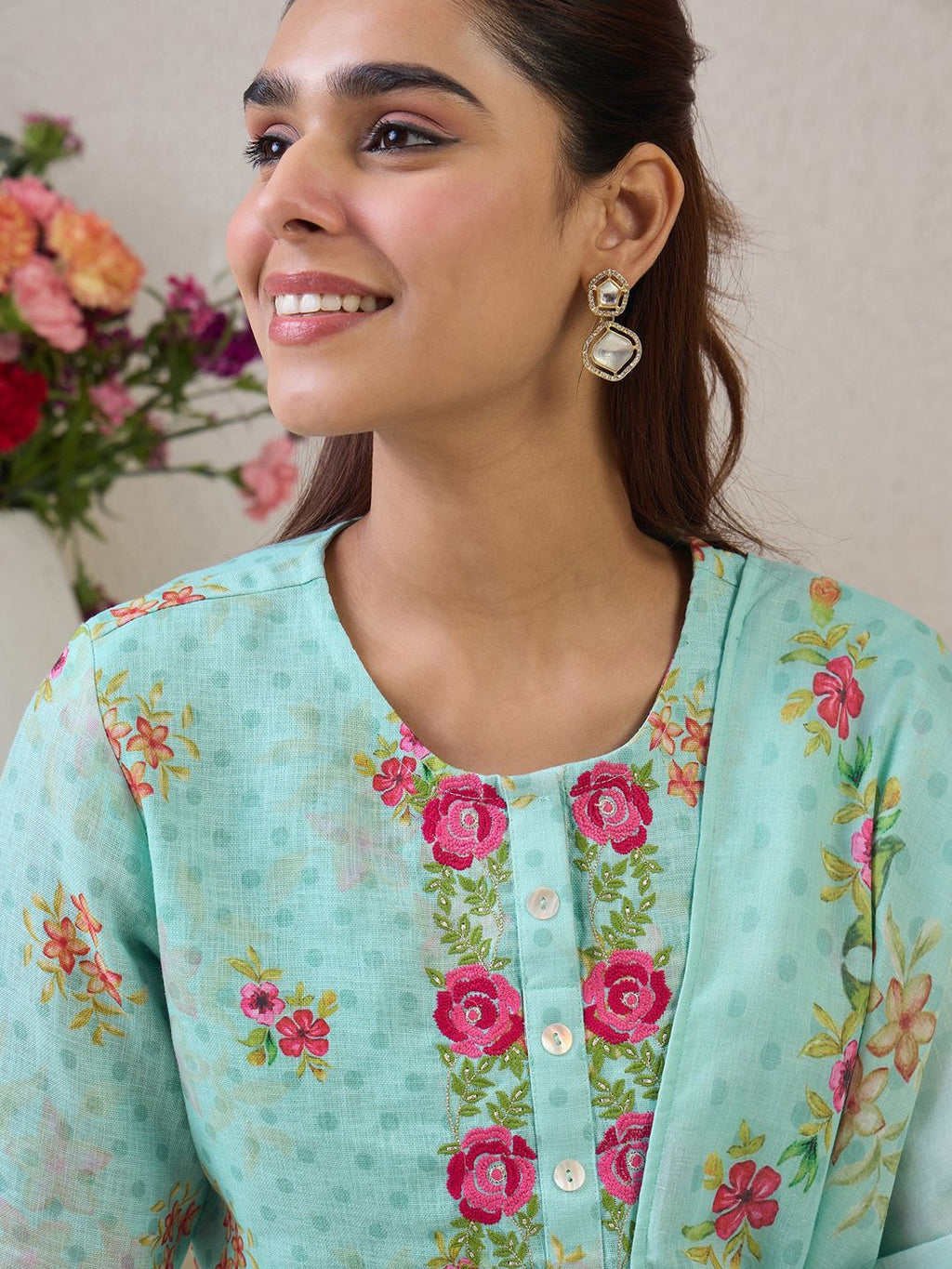 Indo Era Women Floral Embroidered Thread Work Linen Kurta with Trousers & With Dupatta - Distacart