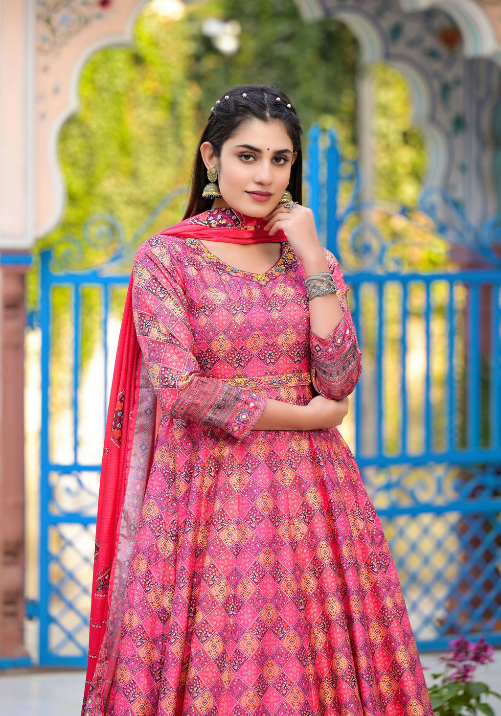 Functional Designer Dark Pink Dola Silk Anarkali suit with Dupatta - Ramya