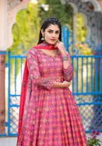 Functional Designer Dark Pink Dola Silk Anarkali suit with Dupatta - Ramya