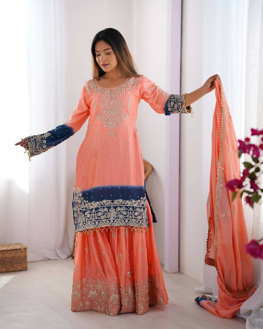 The52 Women's Beautiful Chinon silk Fabric Embroidery Work Straight Kurta Palazzo and Dupatta Set - Distacart
