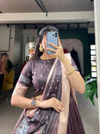 Vastranavya Kalamkari Print With Weaving Border Lehenga with Unstitched Blouse - Burgundy