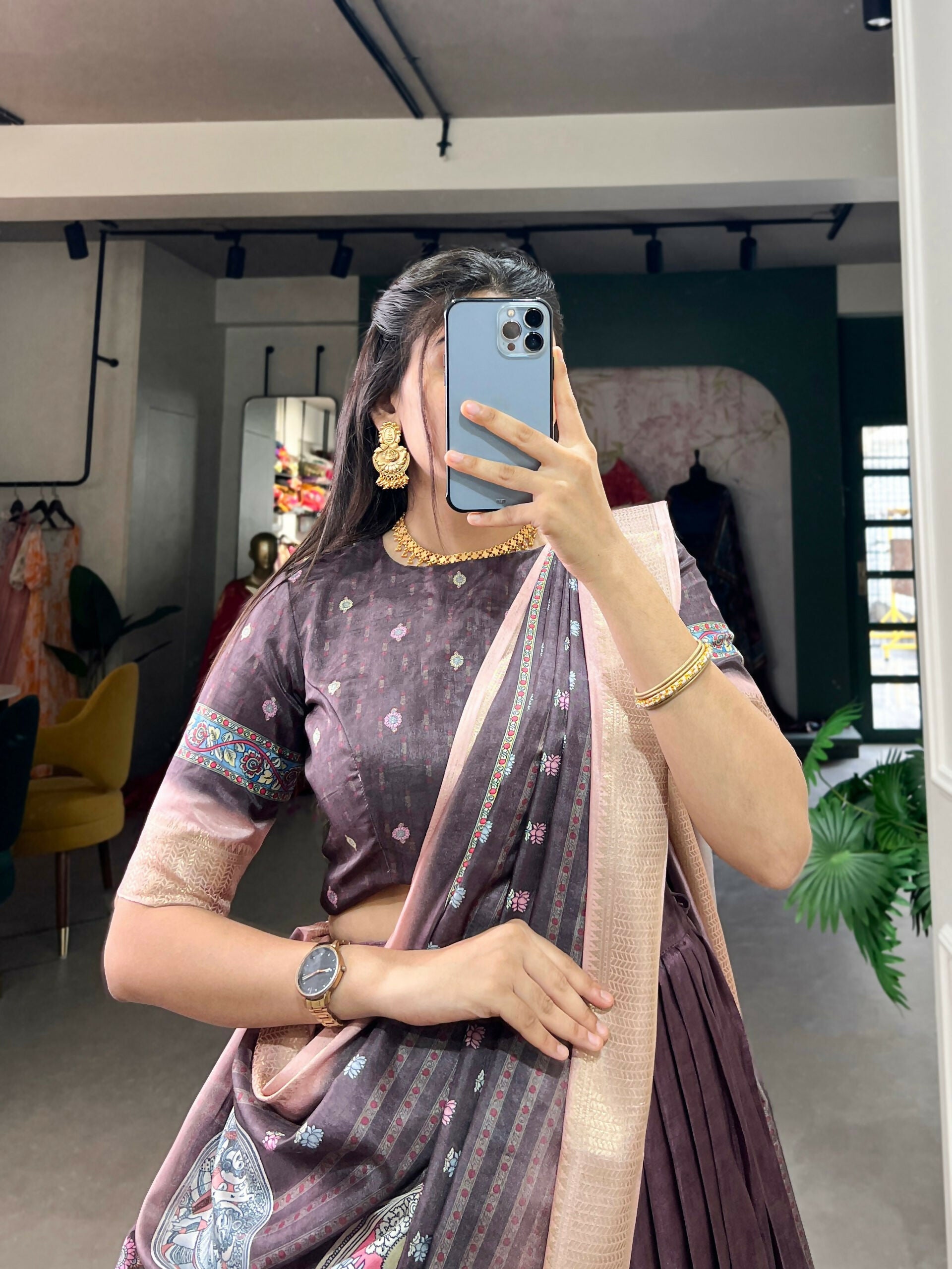 Vastranavya Kalamkari Print With Weaving Border Lehenga with Unstitched Blouse - Burgundy
