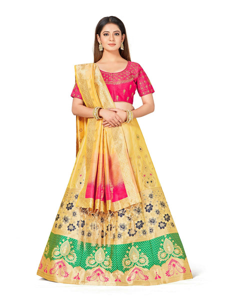 Mimosa Women's Semi-Stitched Art Silk Yellow Lehenga Choli with Dupatta