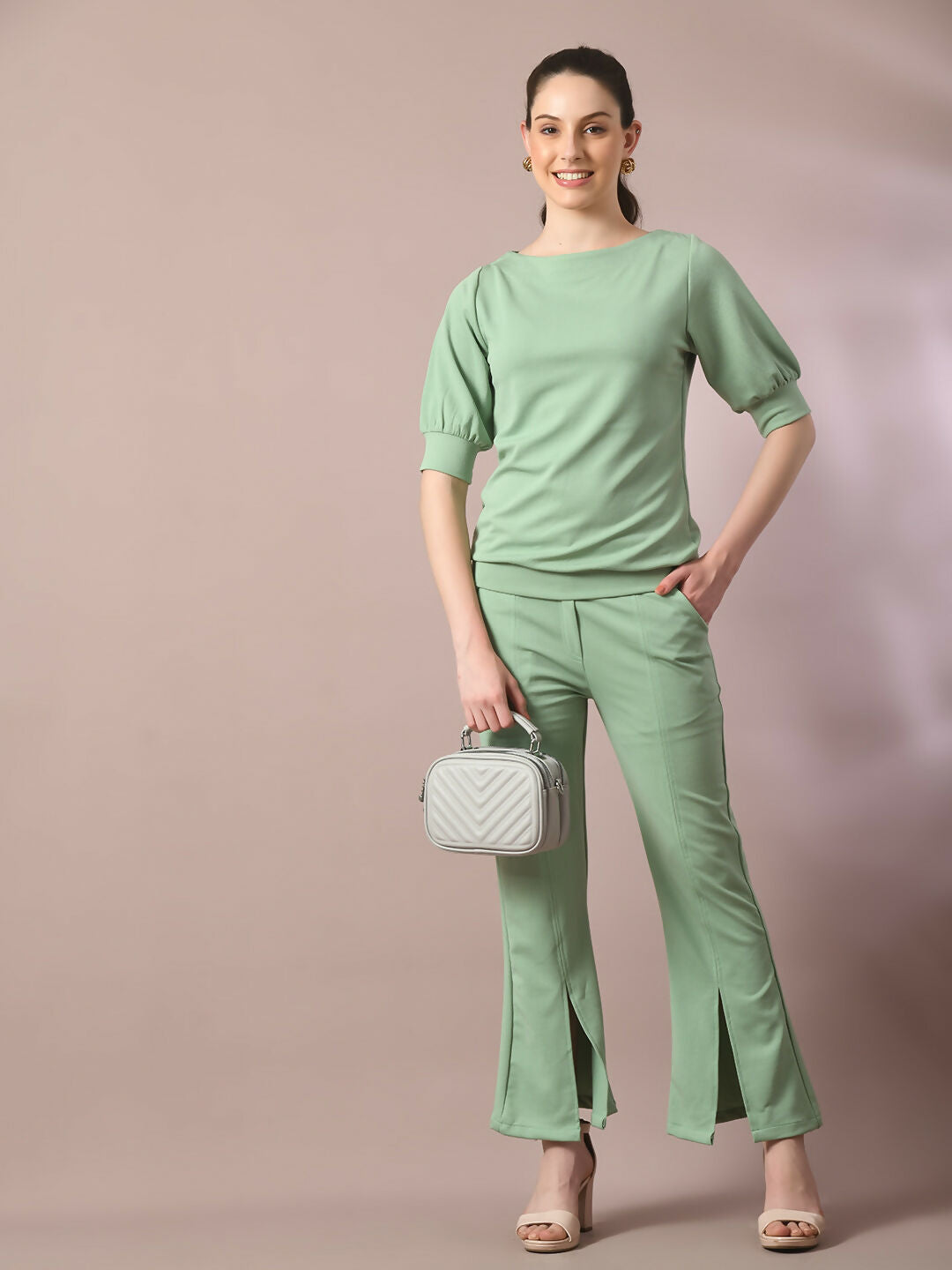 Myshka Women's Sea Green Solid Boat Neck Party Top With Trousers Co-ord set