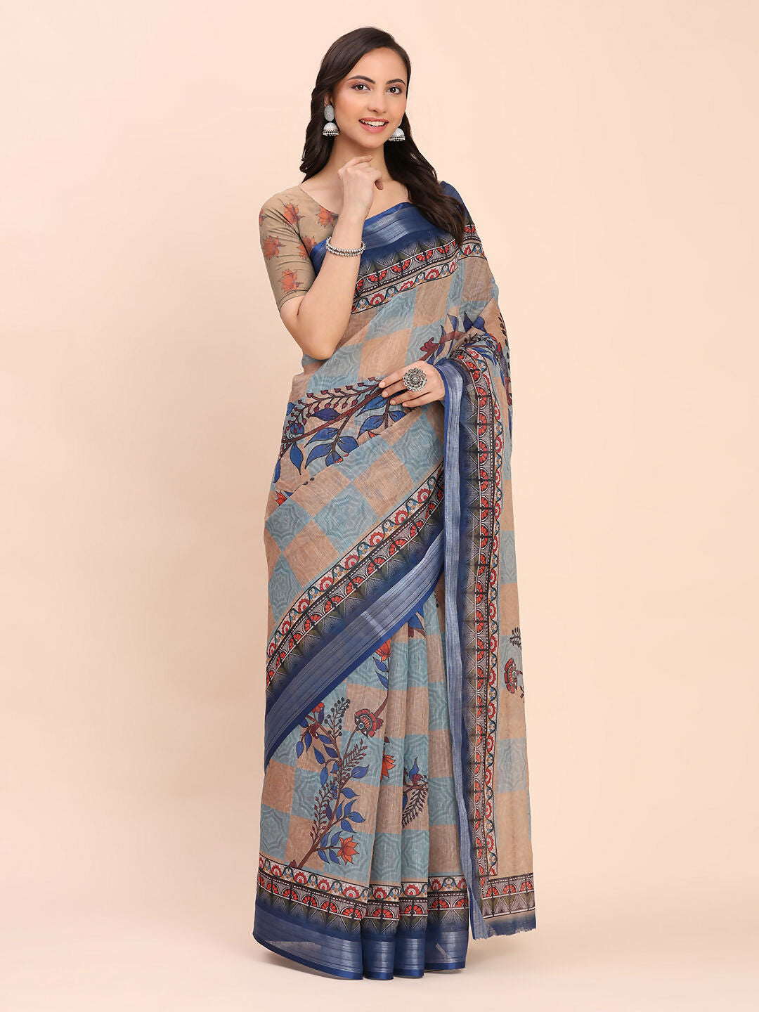 Shree Shyam Fashion Linen Cotton Cream Saree - Distacart