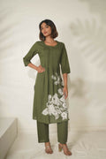 Miravan Women's Mehandi Pintucks Cotton Floral Straight Kurta and Palazzo