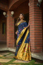 Jyoti Fashion Women's Navy Blue Paithani Silk Zari Woven Saree with Blouse