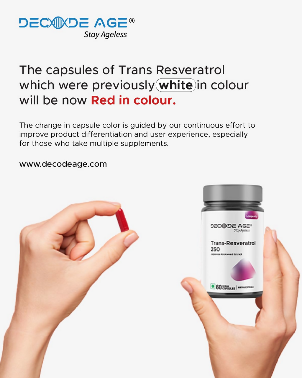 Decode Age 99.5% Pure Trans Resveratrol 250mg Supplement Capsules - Distacart