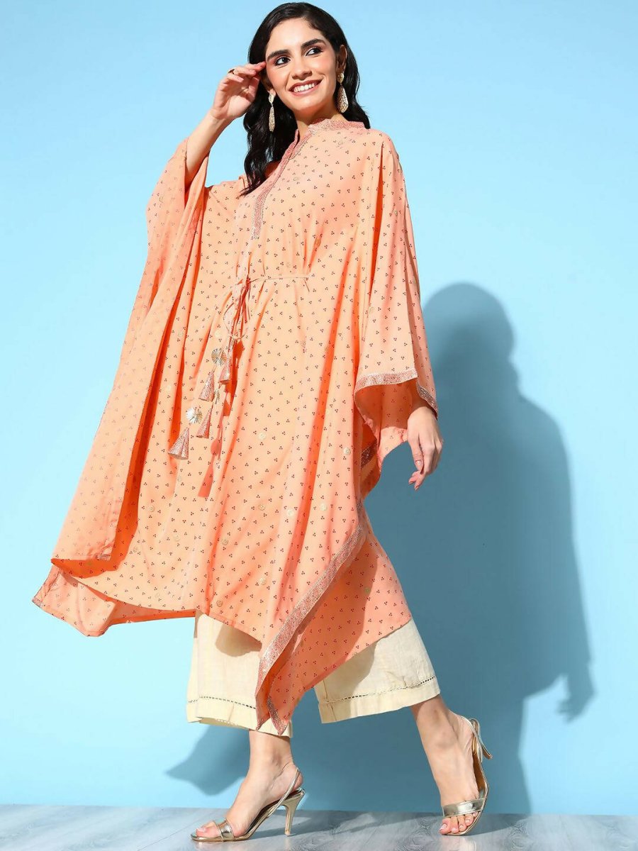 Ahalyaa Women's Peach Crepe Printed Kaftan Kurta - Distacart