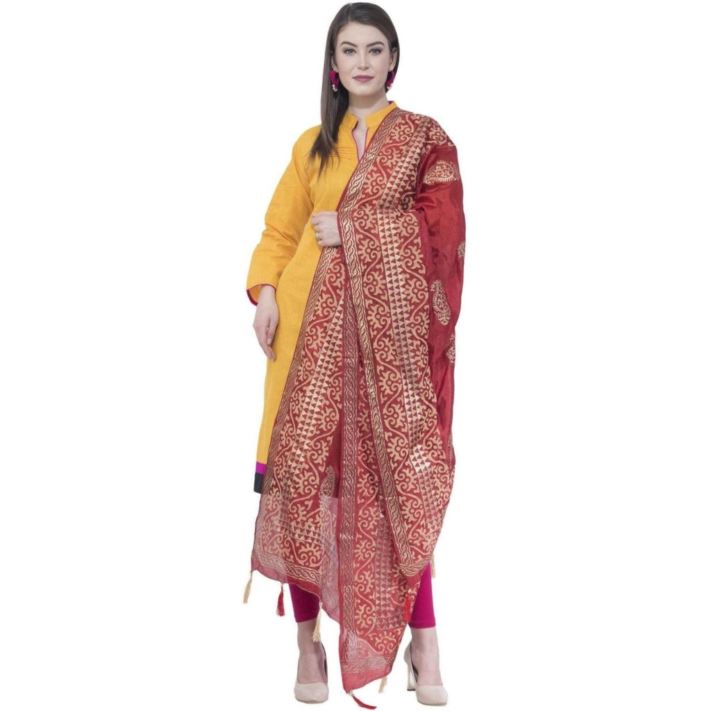 A R Silk Women's Gold Print Silk Mehroon Dupattas and Chunnis