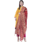 A R Silk Women's Gold Print Silk Mehroon Dupattas and Chunnis