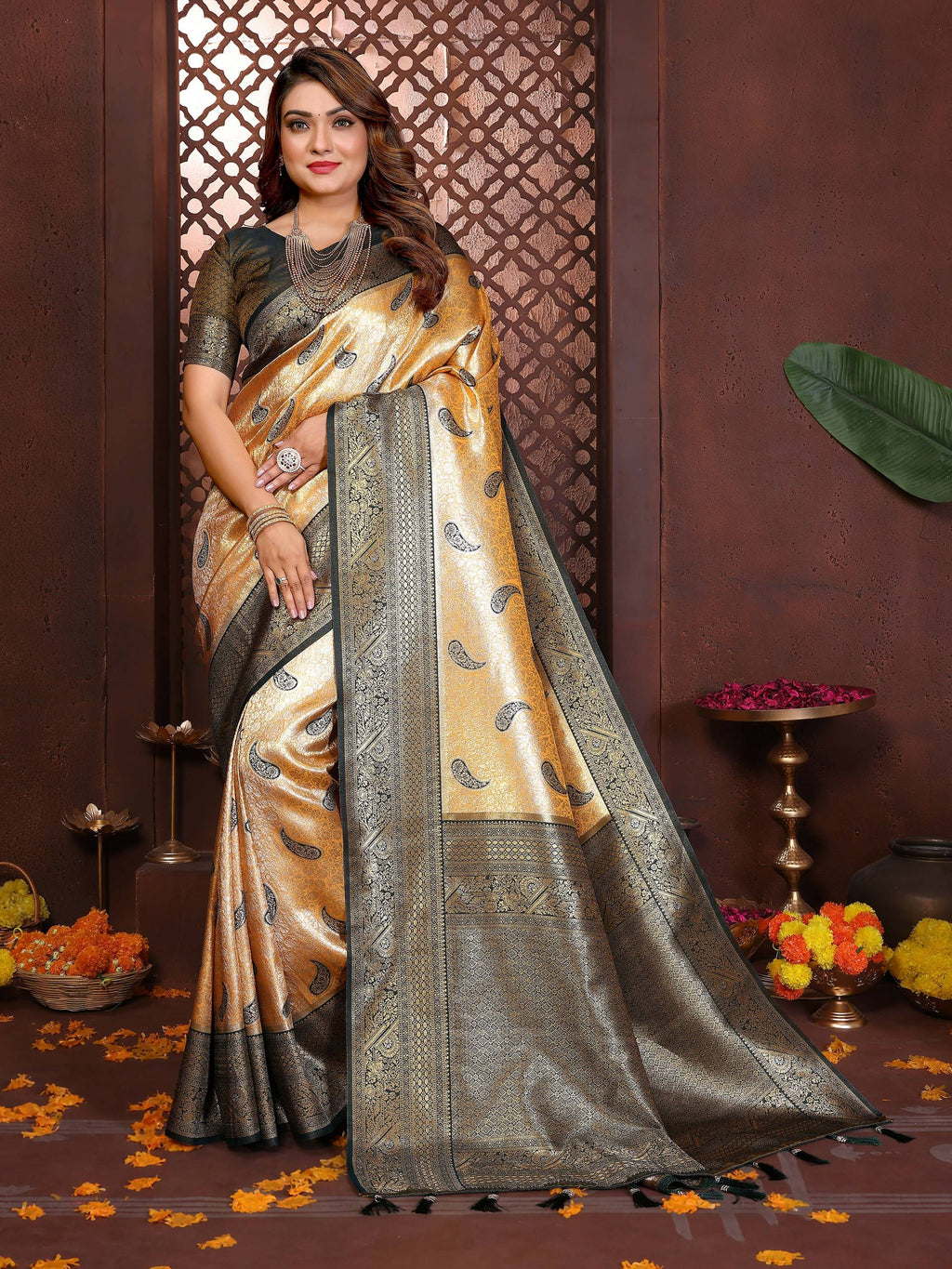 Aastha Fashion Mustard Tissue Silk Weaving Saree - Distacart