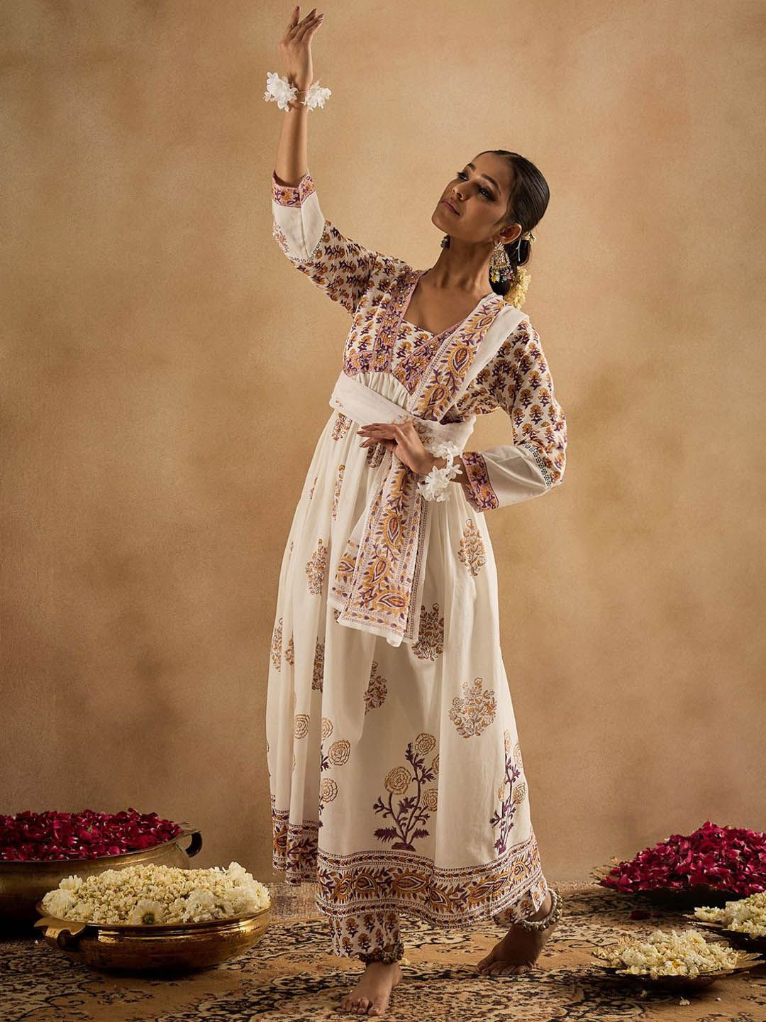 Indo Era Women Floral Printed Empire Pure Cotton Kurta with Trousers & With Dupatta - Distacart