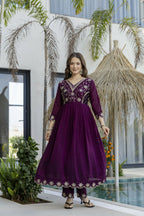 The52 Women's Beautiful Embroidery Work Vichitra Silk Fabric Flared Anarkali Pant and Dupatta Set - Distacart