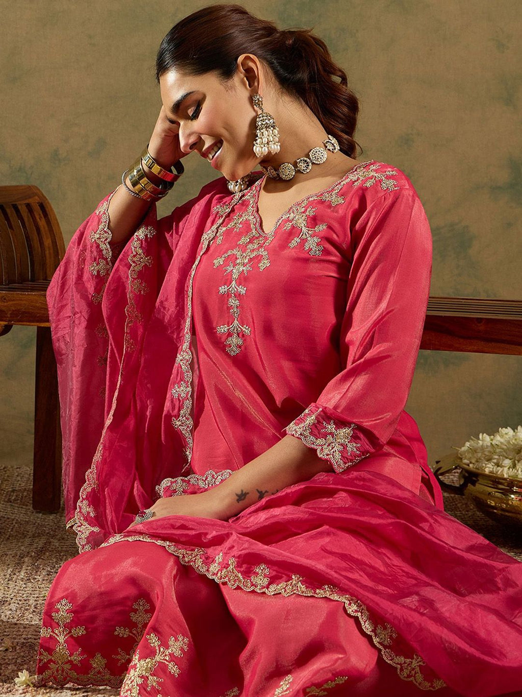 Indo Era Floral Embroidered Kurta With Trousers & Dupatta - Distacart