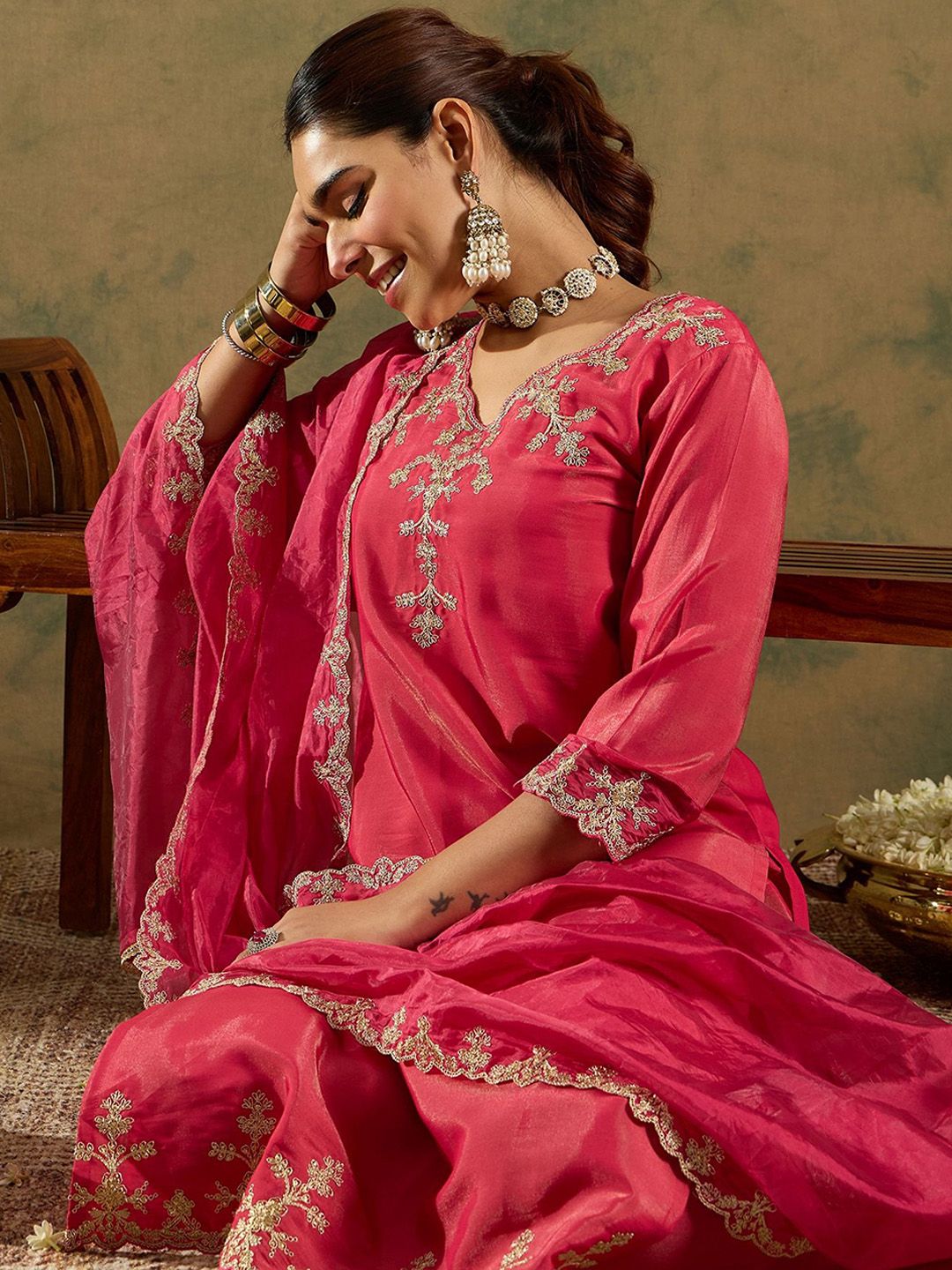 Indo Era Floral Embroidered Kurta With Trousers & Dupatta - Distacart