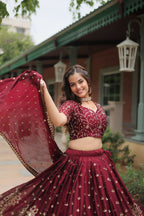 Vastranavya Designer Heavy Sequins & Thread Embroidered work Lehenga Choli - Maroon