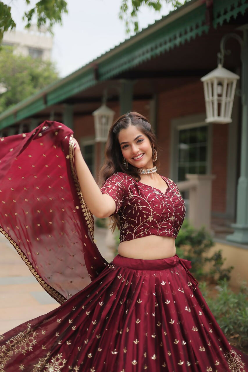 Vastranavya Designer Heavy Sequins & Thread Embroidered work Lehenga Choli - Maroon