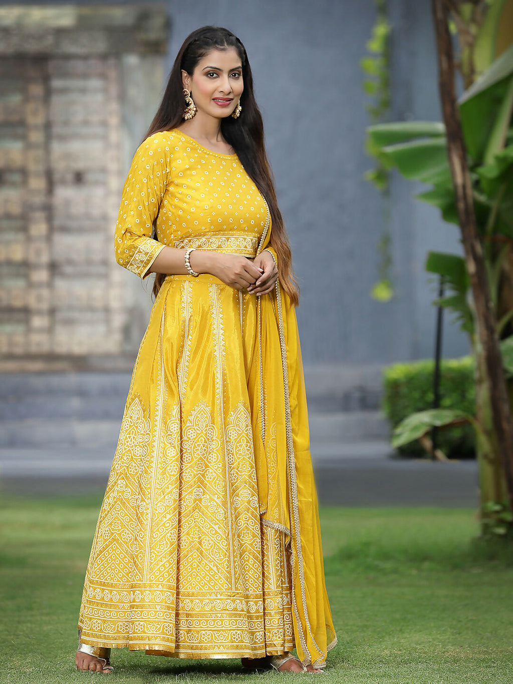 Juniper Mustard Bandhani Printed Shantoon Slub Lehenga Choli & Net Dupatta Set.