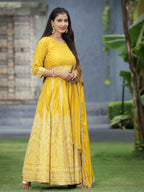 Juniper Mustard Bandhani Printed Shantoon Slub Lehenga Choli & Net Dupatta Set.