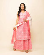 FIORRA Women's Peach Cotton Straight Kurta Palazzo Set With Dupatta