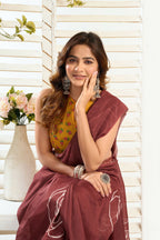 Vastranavya Dark Brown Digital Printed Linen Ready To Wear Designer Saree with Unstitched Blouse - Distacart