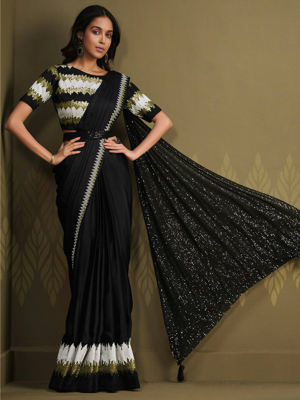 Black Crepe Silk Sequence Embroidered Saree With Stitched Blouse - Mohmanthan La Belle