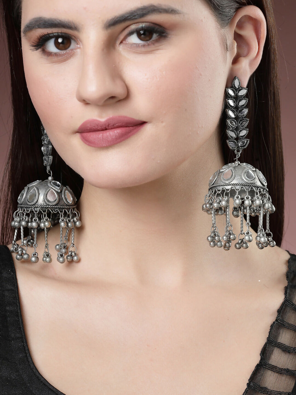 NVR Women's Silver Plated Mirror Work Oxidised Contemporary Jhumka Earrings - Distacart