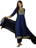 The52 Blue Women's Gorgeous Embroidered Work Vichitra Silk Fabric Flared Kurta Pant and Dupatta Set - Distacart