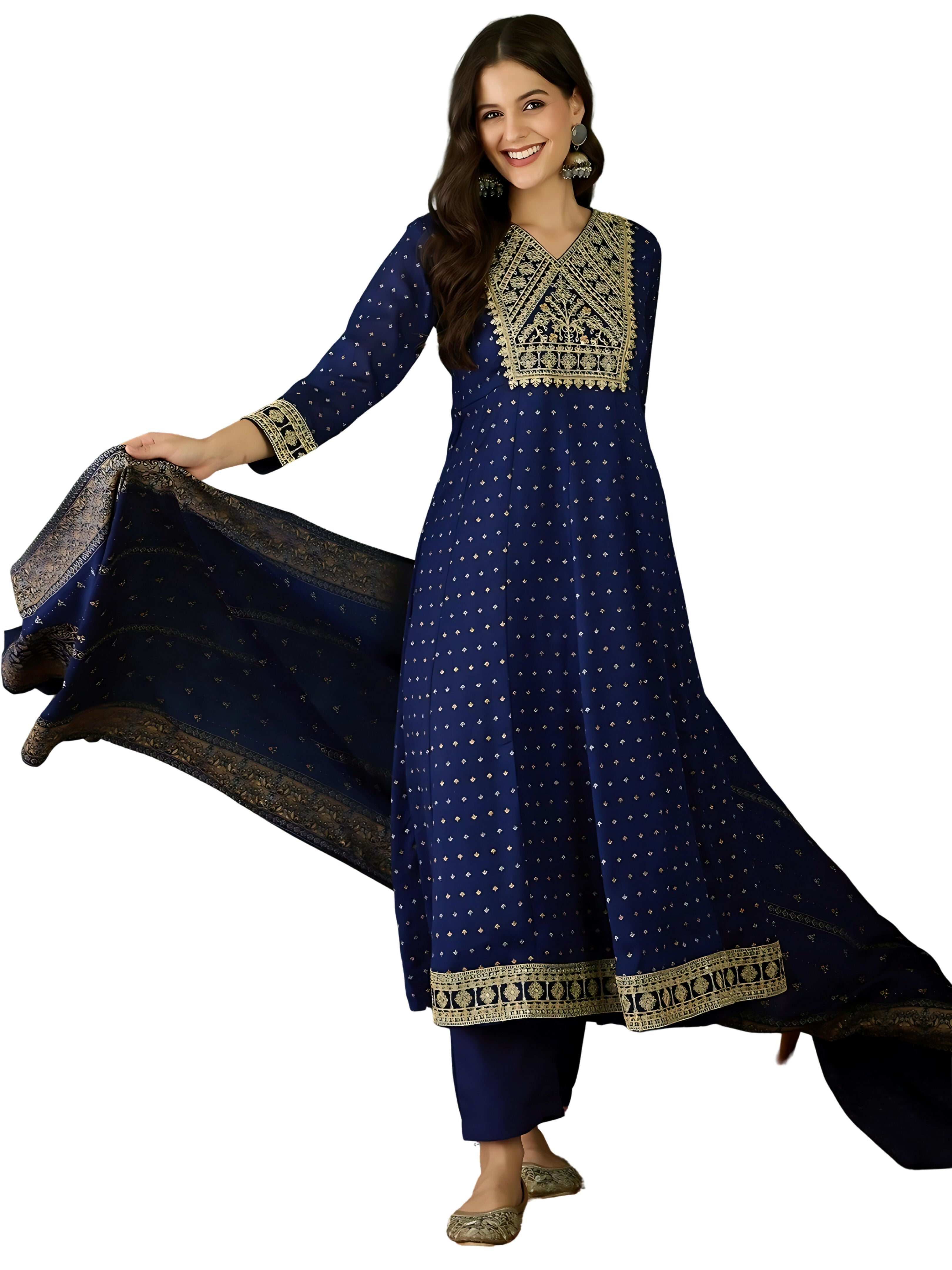 The52 Blue Women's Gorgeous Embroidered Work Vichitra Silk Fabric Flared Kurta Pant and Dupatta Set - Distacart