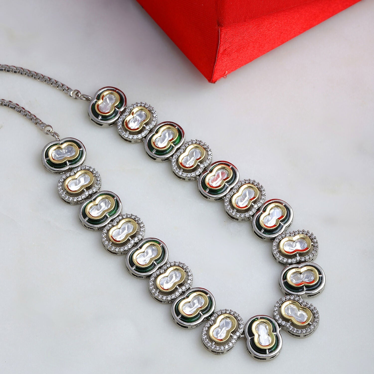 Mufli (peanut) Kundan Neckpiece with Meenakari and American Diamonds (Silver) - Ruby Raang