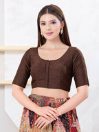 Joban Fashion Brown Dupion Silk Elbow Sleeveless Front Open Blouse