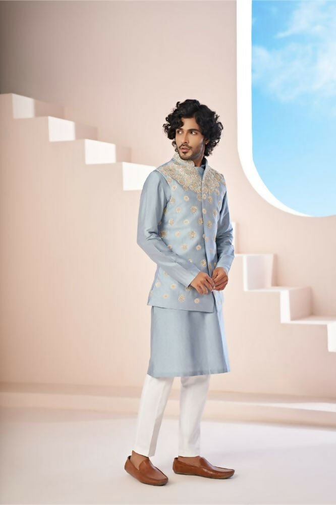 A Powder Blue Floral Hand Embroidered Nehru Jacket by Hilo Design