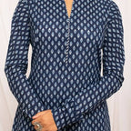 FIORRA Women's Floral Printed Navy Blue Cotton A-Line Kurta