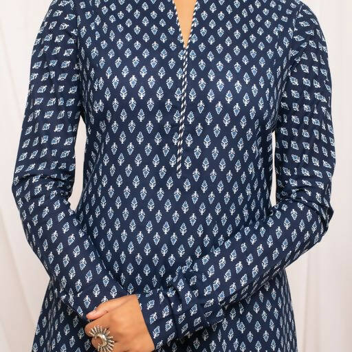 FIORRA Women's Floral Printed Navy Blue Cotton A-Line Kurta