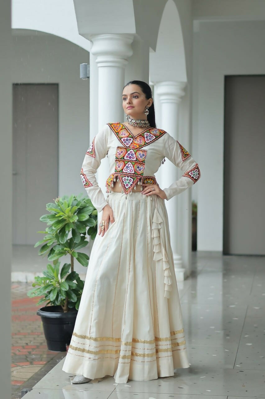 Teeya Creation Off White Colour Pure Cotton Embroidery Work Navratri Lehenga