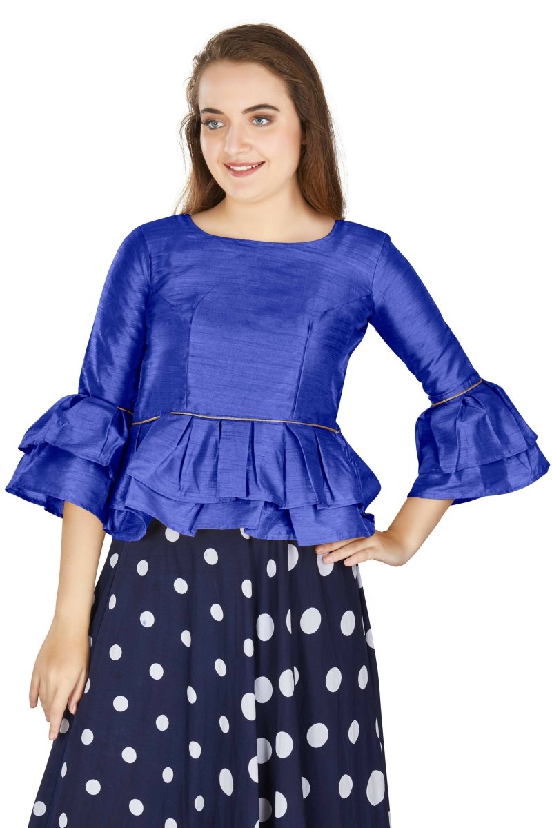 Aastha Fashion Women's Blue Art Silk Bell Sleeves attire with Poly Cotton Lining Blouse