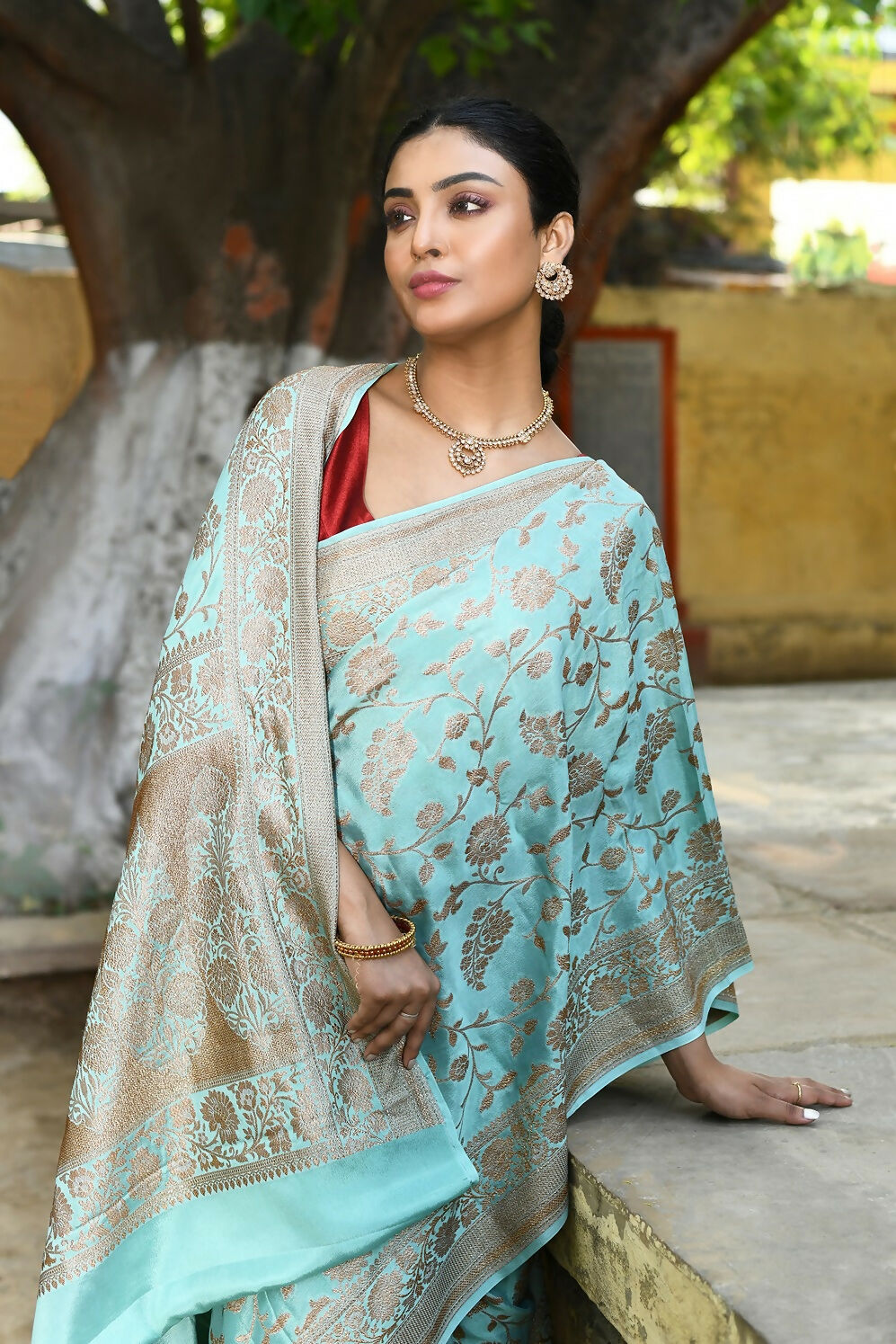 Joban Fashion Aqua Crepe Chiffon Pure Handloom Banarasi Silk Saree