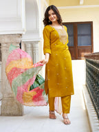 The52 Women's Beautiful Viscose Chanderi Fabric Embroidery Work Straight Kurta Pant and Dupatta Set - Distacart