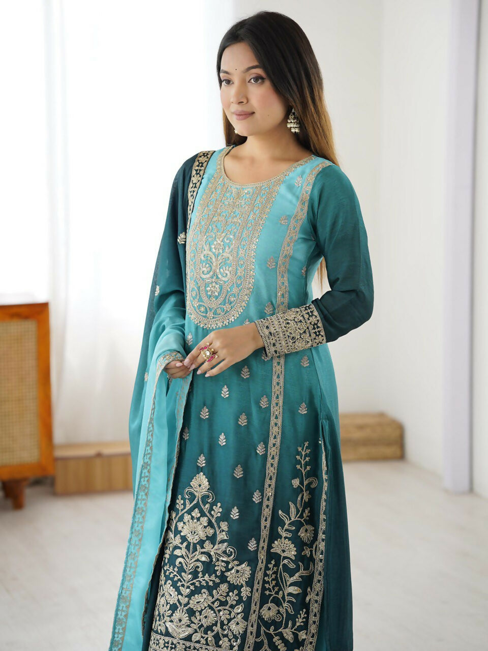 The52 Women's Gorgeous Chinon silk Fabric Embroidery Work Straight Kurta Palazzo and Dupatta Set - Distacart