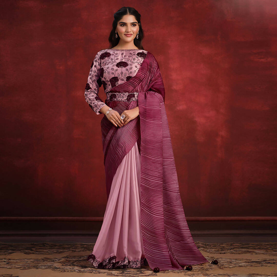 Peach Crepe Satin Silk Sequence Thread & Stone Work/ Texture Pallu Saree - Mohmanthan Kimiya