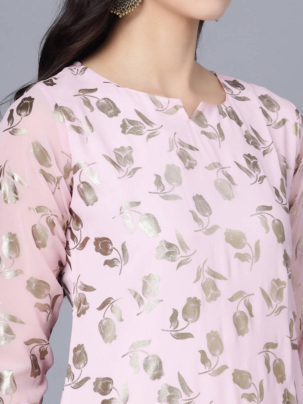 Myshka Women Pink Floral Printed Gotta Patti Georgette Kurta - Distacart