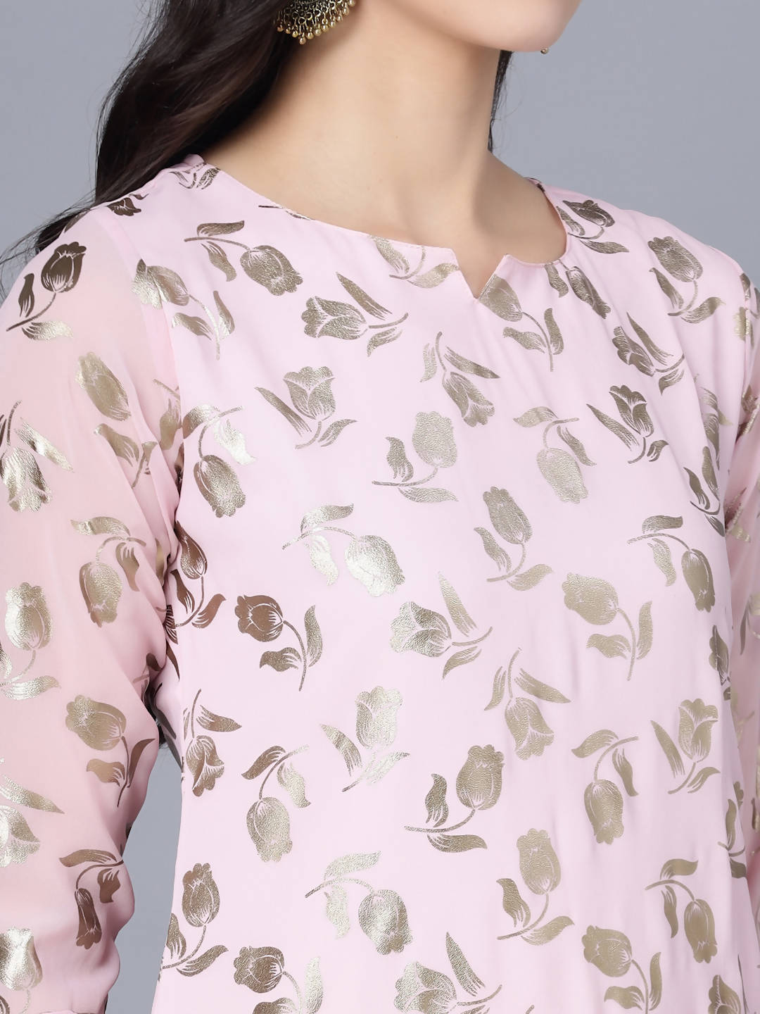 Myshka Women Pink Floral Printed Gotta Patti Georgette Kurta - Distacart