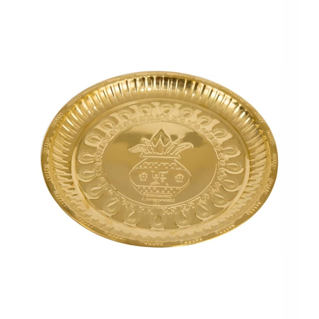 Spillbox Gold-Toned Brass Kumbham Embossed Round Thali Pooja Essential