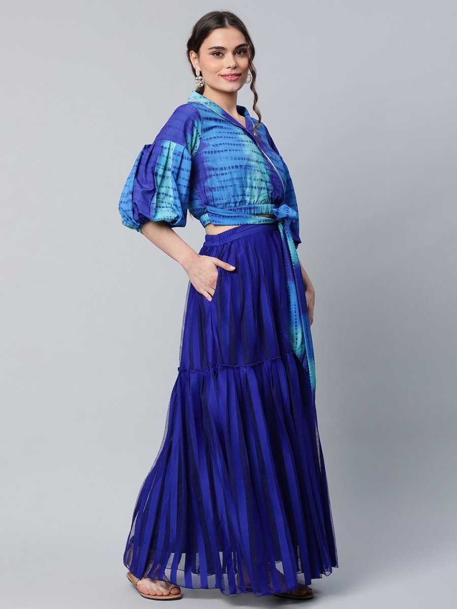 Ahalyaa Women Stunning Blue Crepe Printed Top with Skirt