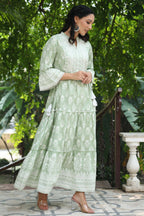 Juniper Women's Green Cambric Floral Printed Maxi Tiered Dress - Distacart