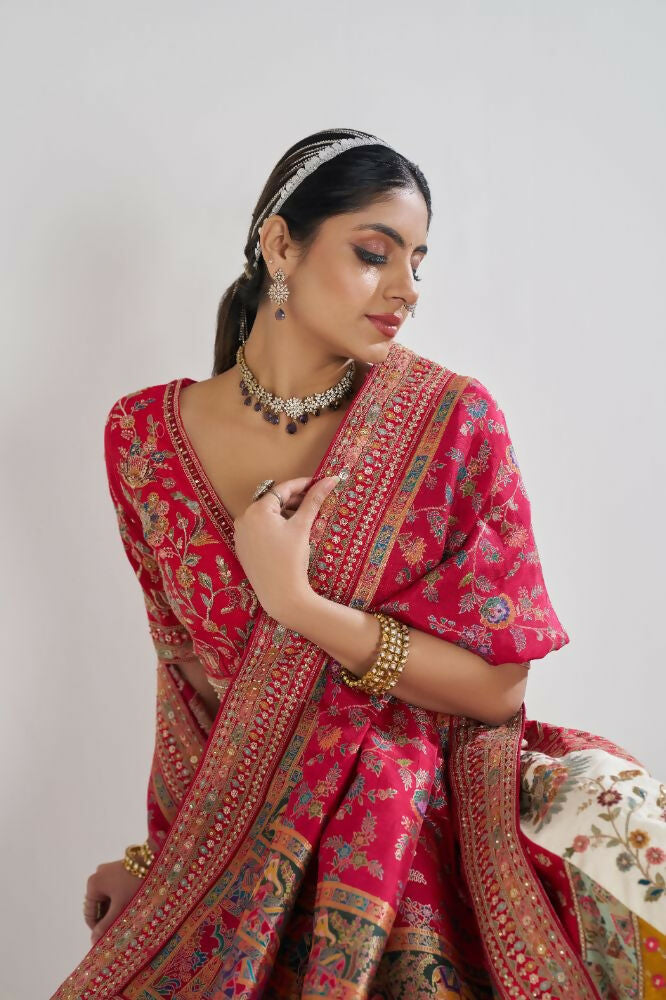 Kesar Fab White Banarasi Silk Embroidered Lehenga