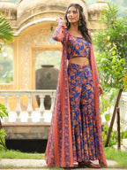Janasya Navy Blue Georgette Floral Top,Bottom & Jacket