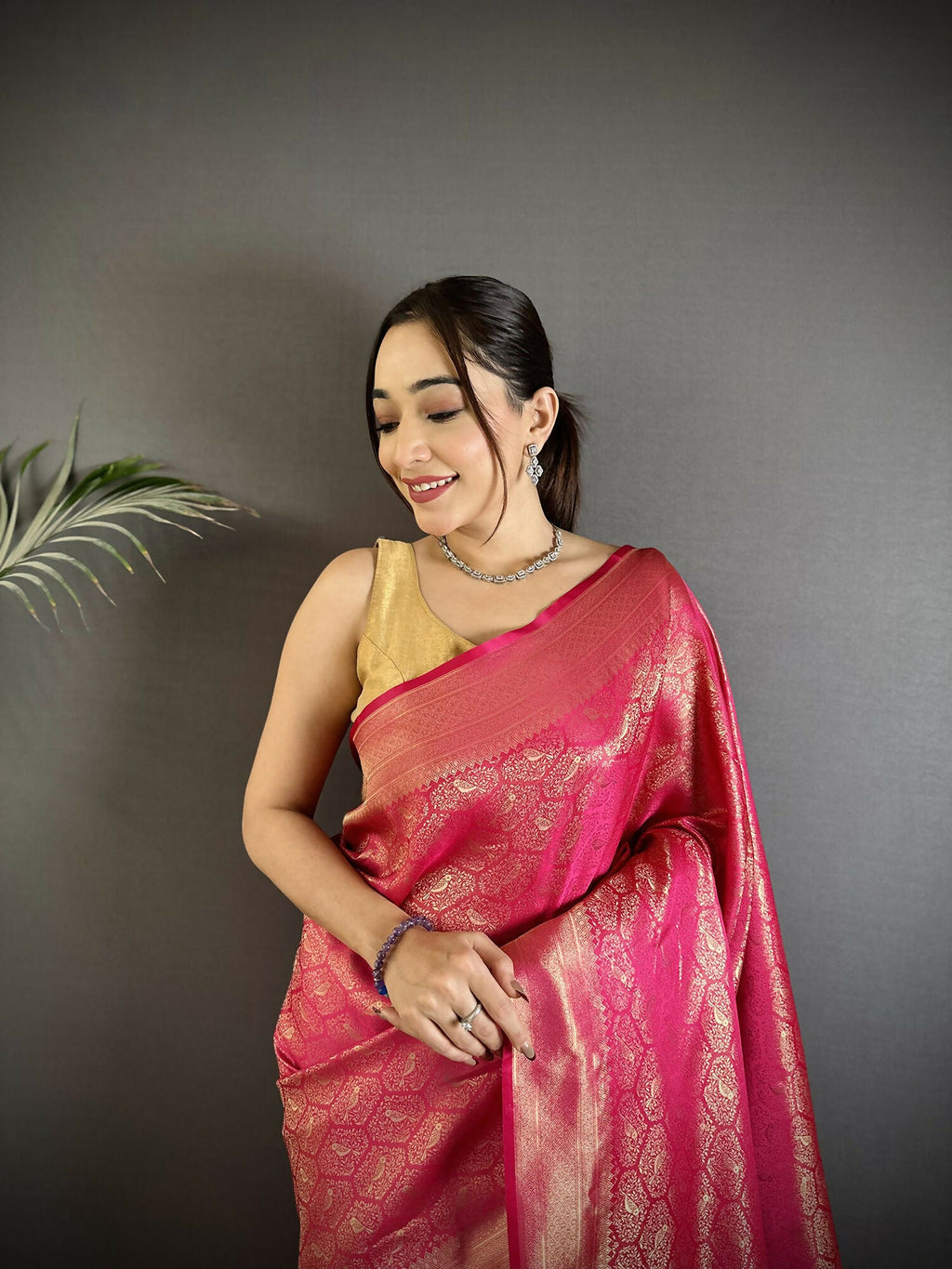 Joban Fashion Rani Pink Paisley & Floral Soft Satin Silk Banarasi Silk Saree - Distacart